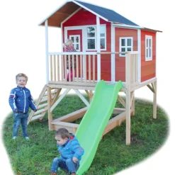 Exit Toys Aires De Jeux<Maison En Bois Loft 550 Rouge Avec Bac A Sable Et Toboggan